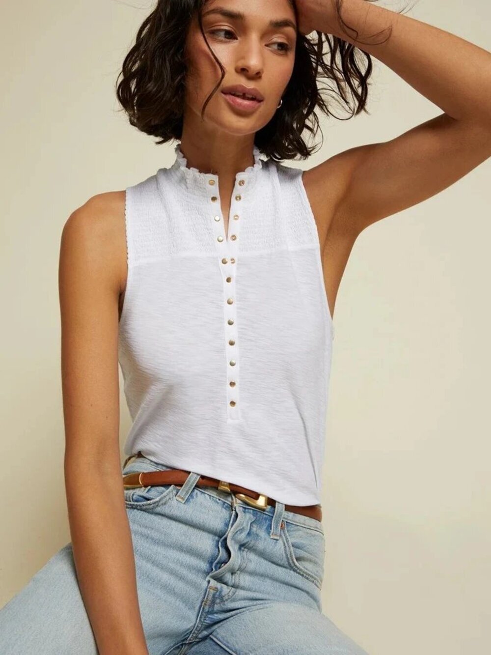NATION LTD Posey White 100% Pima Cotton Jersey Smocked Snap Henley Tank, Size XS